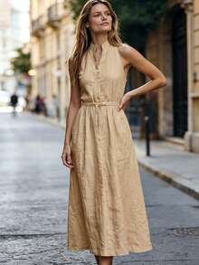 Balvessa Women's Minimalist Button Half-Placket Pocket Tie-Front Dress - Khaki - View 5