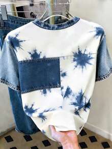 Manfinity Dauomo Men's Fashionable Casual Drop-Shoulder Crew Neck Printed T-Shirt, Faux Denim T-Shirt, Tie-Dye T-Shir - Multicolor - View 4