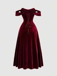 SHEIN CURVE+ Christmas Plus Size Women's Vintage Romantic Red Faux Bone Design Off-Shoulder Dress - Burgundy - View 2
