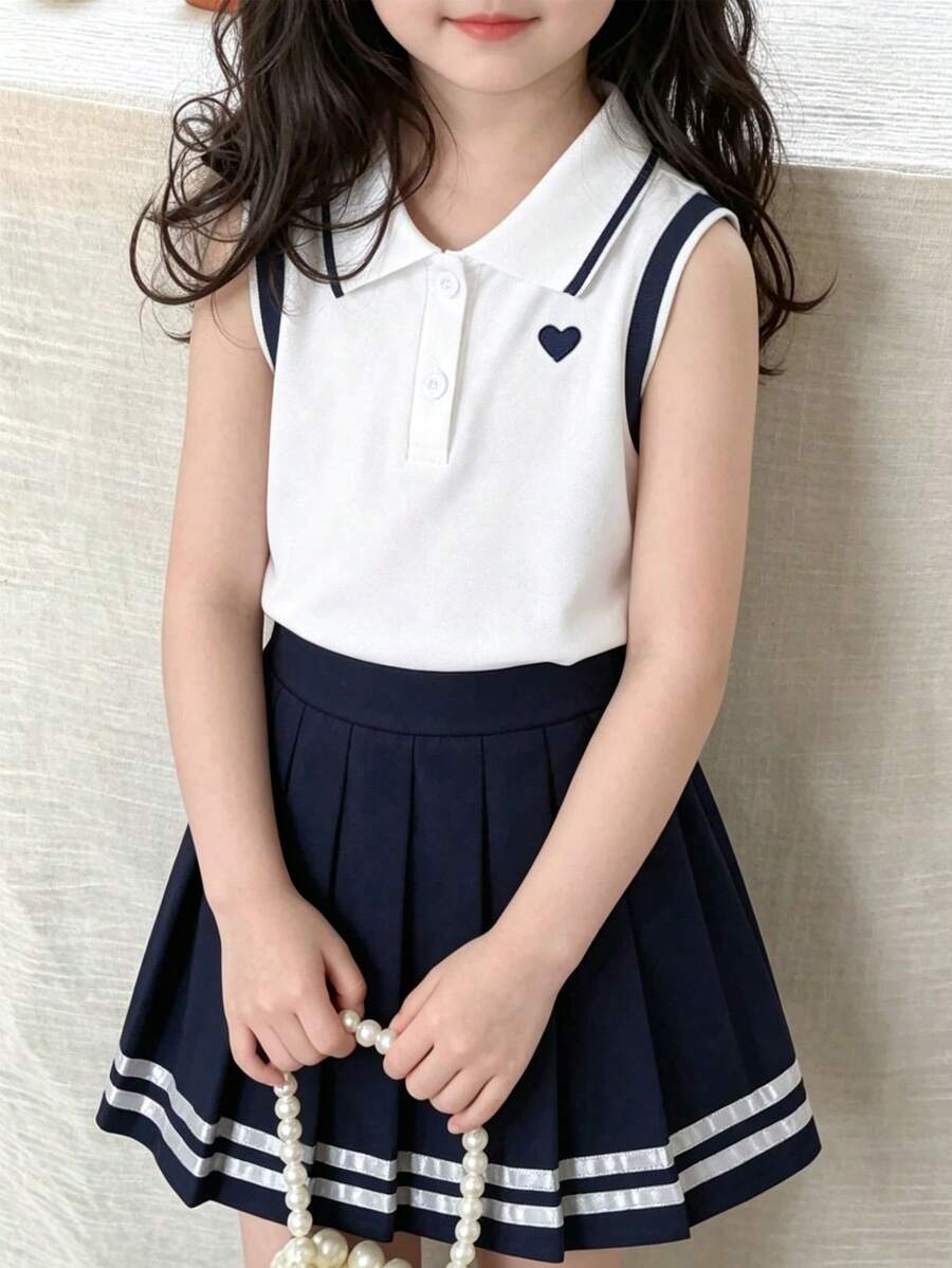 SHEIN Elladie kids 2 件套少女校园风心形印花翻领无袖上衣和蝴蝶结饰边百褶裙,适合夏季返校季 - 彩色 - 查看 1