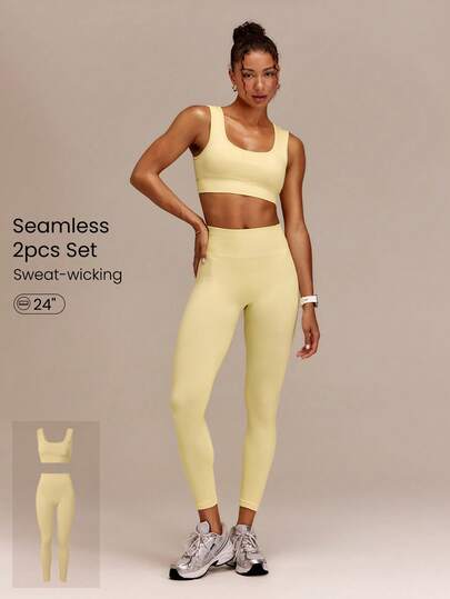 GLOWMODE Ultrafine Soft Seamless Square Neckline Removable Cups Ribbed Underbust Sports Bra & 24" Scrunch Butt Lifting Leggings Set Running Workout Gym