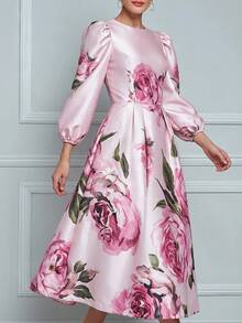 RosyDaze Women's Premium Elegant Rose Print Dress, Suitable For Evening Party, Wedding, Commute, Date, Slimming And Versatile - Pink - View 7
