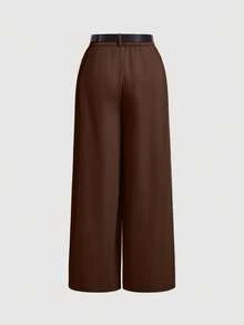 SHEIN MOD Pantalones retro de pierna ancha para mujer talla grande con cinturón de cuero color caqui para otoño/invierno - Marrón - Ver 4