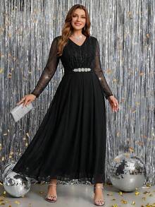 Reflora Plus Size Women V-Neck Lace Patchwork Rhinestone Decor Casual Daily Wear Jumpsuit - Black - View 7