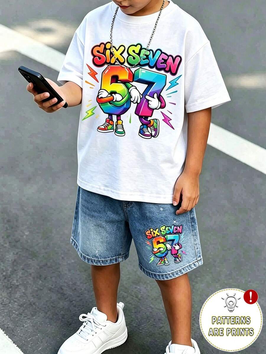 Souflis Souflis 幼兒 2 件套配色休閒創意漸層數字 67 與閃電圖案 T 恤及配套漸層數字 67 短褲套裝,韓系街頭風,返校穿搭 - 彩色 - 查看 1