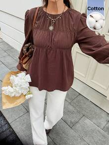 Serisse Women's Coffee Brown, Versatile, Pleated 100 Cotton Round Neck Long-Sleeved Shirt For Autumn, Birthday Holiday Tops Elegant French Casual Brunch - Rust Brown - View 3