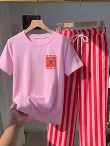 Comfortcana 2件組休閒圓領短袖上衣與條紋印花長褲，度假夏季服飾，街頭風，適合日常通勤、約會、派對、秋冬/夏季、婚禮、海灘、畢業典禮，優雅休閒外出穿搭，Y2K音樂祭套裝，假日海灘度假套裝 - 彩色 - 查看 4