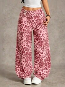 SHEIN Tall Women's Outdoor Y2k Streetwear Street Fashion Versatile Pink Leopard Print Multi-Pocket Denim Wide Leg Pants Night Out Summer - Pink - View 1