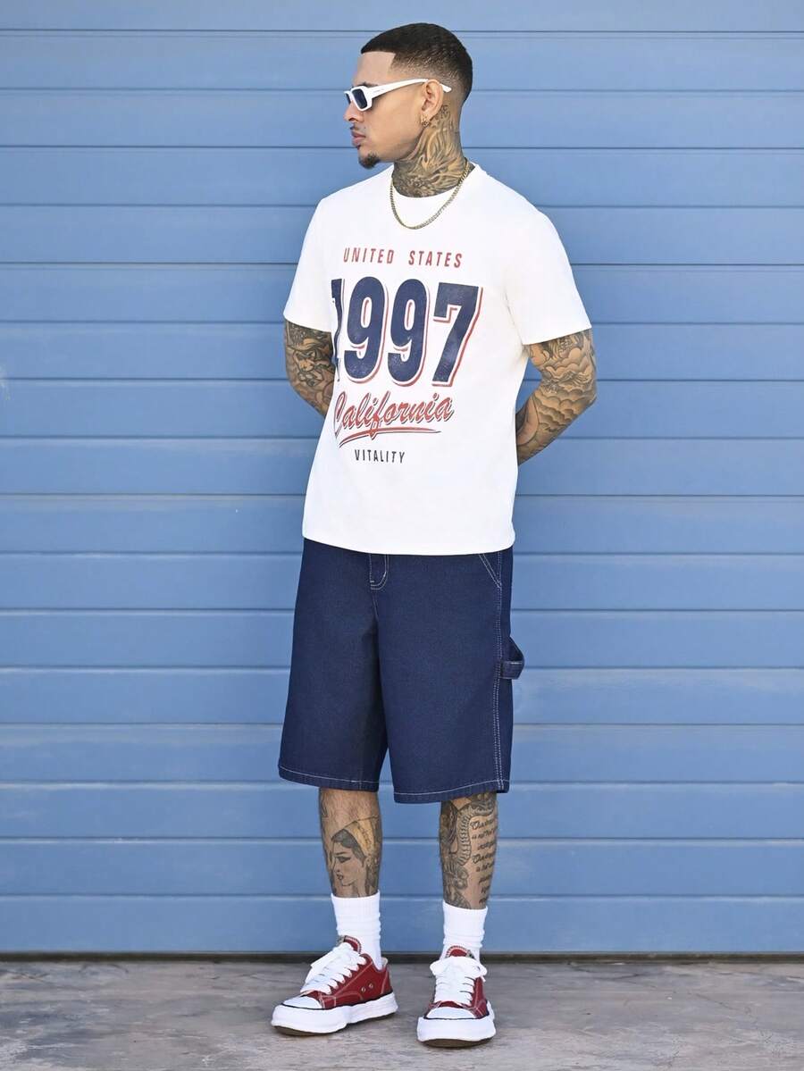 Devon Thys Men White Knit Vintage Crewneck Letter Graphic Short Sleeve T-Shirt, For Going Out - White - View 1