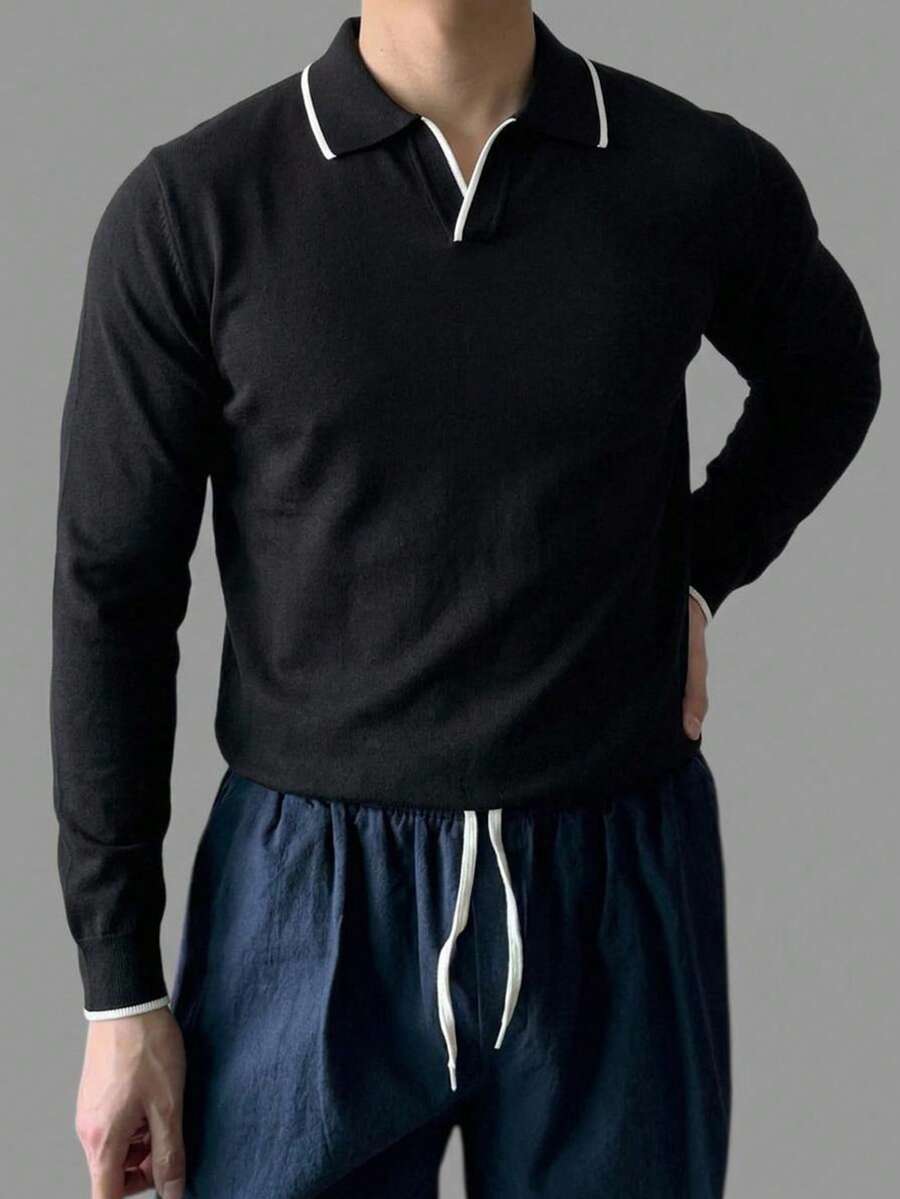 DAZY Spring/Autumn Half-Zip Solid White/Black Trim Men's Knit Sweater - Black - View 1