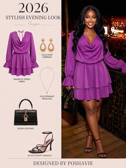 Poshavie Poshavie Vestido de manga larga con cuello de capucha y dobladillo de doble capa para mujer talla grande - Adecuado para uso diario