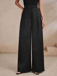 Anewsta Essential Urban Modern Retro Professional Commute Casual Versatile Solid Black High Waist Contrast Trim Design Drape Long Women's Suit Pants - Black - View 4