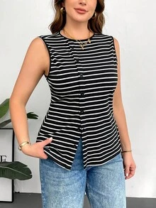 Shapeblank 大码女式休闲上衣，条纹上衣，夏季无袖上衣，夏季外出上衣，可爱夏季上衣，趣味衬衫 - 黑色 - 查看 5