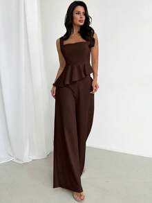 Firerie Spring/Summer Elegant Minimalist Daily Fashion Modern Commuter Fitted Women's Set, Dark Brown Solid Color Textured Fabric Sleeveless Tank Top Set - Brown - View 6