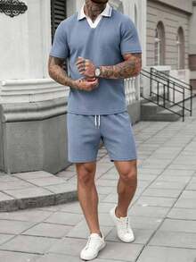 Manfinity Homme 男士大尺碼拼色短袖 Polo 衫與抽繩腰短褲休閒日常套裝 - 藍色 - 查看 4