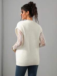 SHEIN Maternity Sweater Vest, Loose Fit, V-Neck With Metal Button, Fluffy Texture, Solid Color Knit, Casual Elegant Everyday Wear, Autumn White - White - View 2