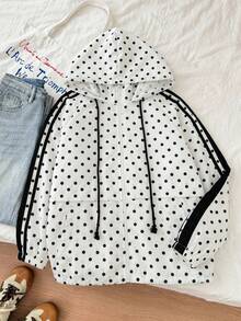 SHEIN EZwear 女款大尺碼波點拉鍊口袋長袖連帽夾克 - 黑與白 - 查看 4