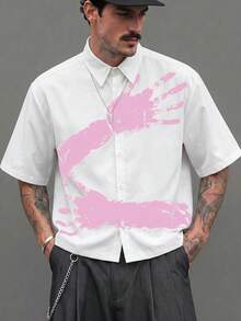 GENTILAND Men's Hand Print Short Sleeve Single-Breasted Casual Shirt - White - View 8