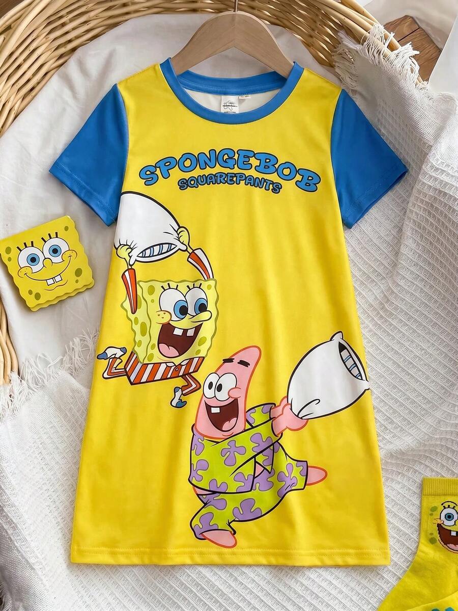 SpongeBob SquarePants | SHEIN Young Girl Colorblock Patchwork Cartoon Print Dress Loungewear - Yellow - View 1