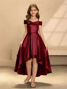 Tween Girls Burgundy Back To School Asym Neck Strap Cold Shoulder Dress, Party Vacation Summer Autumn Fall - Burgundy - View 2