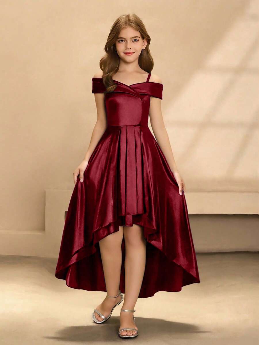 Tween Girls Burgundy Back To School Asym Neck Strap Cold Shoulder Dress, Party Vacation Summer Autumn Fall