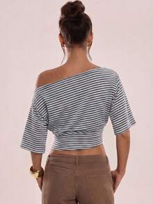 Avenya Asymmetrical Shoulder Striped Waist-Cinching Knit Top - Multicolor - View 8
