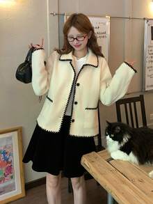 DAZY Women's Autumn/Winter Colorblock Trim Overcoat School - Apricot - View 4