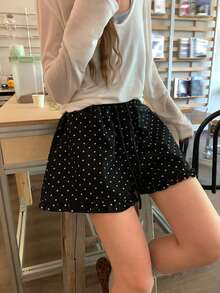 DAZY 女款韓式波點荷葉邊休閒寬鬆短褲校園風 - 黑色 - 查看 7