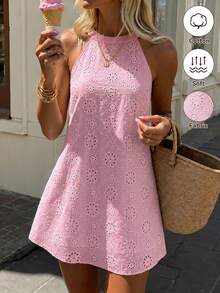 SHEIN Holidaya 女款鏤空刺繡匙孔背後掛脖式長版上衣洋裝 度假海灘穿搭 - 粉色 - 查看 3