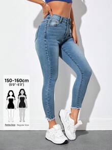 SHEIN PETITE High Waist Raw Hem Skinny Jeans ,Petite Women - Medium Wash - View 1