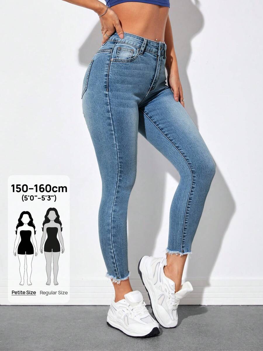 SHEIN PETITE High Waist Raw Hem Skinny Jeans ,Petite Women - Medium Wash - View 1
