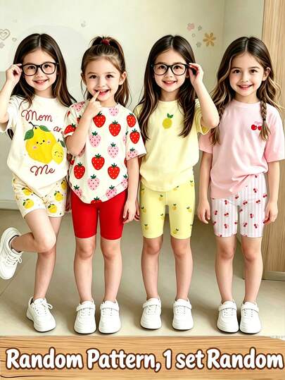 Souflis Souflis (Random 4 Sets,Send 1 Set)Girls Cute Fresh Lemon Strawberry Cherry Pattern Basic Short T-Shirt And Cycling Pants Set, Atmospheric Outfit