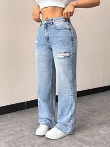 Flexra Plus Size Women's Fashion Versatile Washed Distressed Straight Leg Jeans - Light Wash - View 5