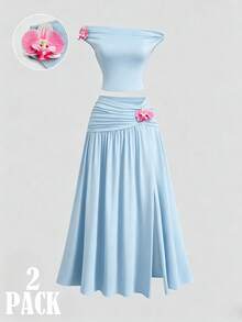 Sweetra Plus Size Spring New Design High Street Elegant Loose Fit Slimming Off-Shoulder Vintage Sexy Versatile Comfortable Outdoor Green 2-Piece Set - 藍色 - 查看 1