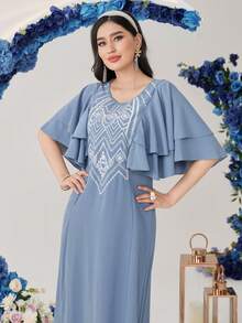 Al Najma 女士幾何刺繡拼接荷葉邊連衣裙 - 霧霾藍 - 查看 6