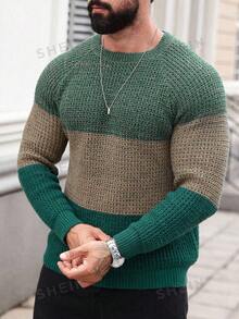Marcello Vane 男士撞色圆领插肩袖休闲毛衣，秋冬 - 墨綠色 - 查看 4