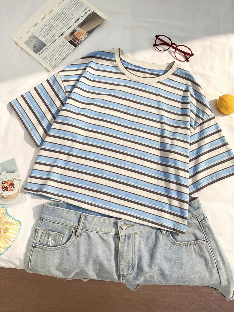 Comfortcana Camiseta de rayas azul y marrón casual para mujer de talla grande, adecuada para salidas y desplazamientos - Gris - Añade 5
