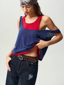 Bohemela Casual Knit Colorblock 2 In 1 Women's Tank Top Everyday Navy Blue Red Summer - Multicolor - View 6