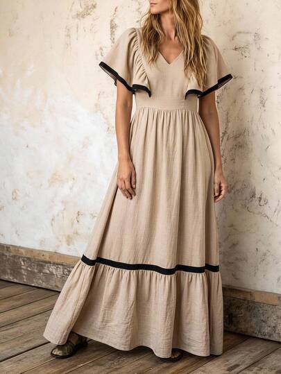 Ceyna European & American Plus Size Light Khaki Colorblock Black Trim V-Neck Dress, Flutter Sleeves, Ruffle Layered Hem, Cinched Waist, Long Dress, Faux Linen