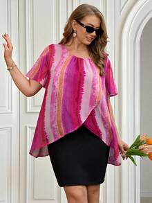Miaspire Plus Size Women's Fuchsia Pink Round Neck Short Sleeve Fashion 2 In 1 Vacation Dress Dates Formal Brunch Black Summer Elegant Casual Normal - Multicolor - View 2