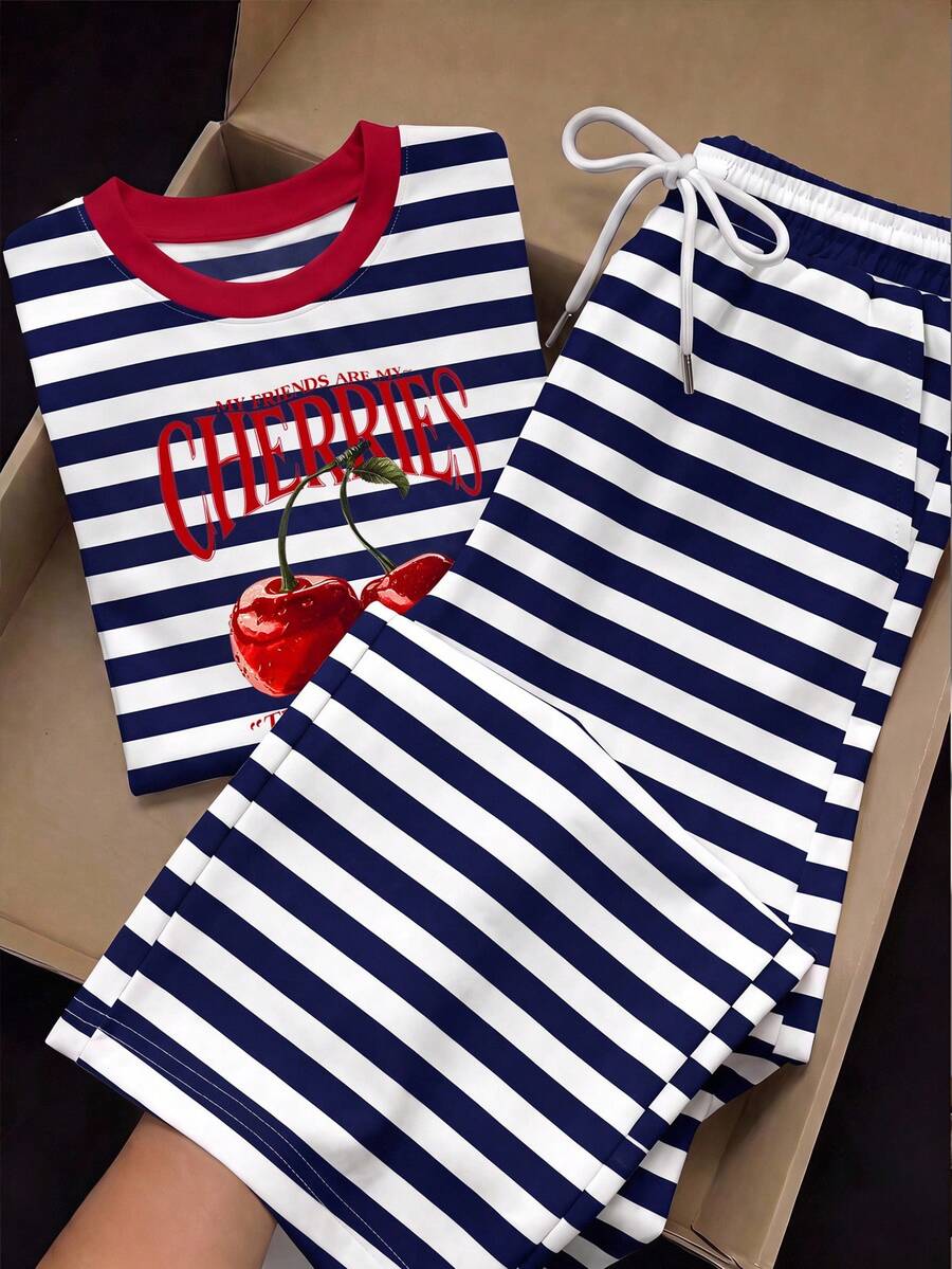 SHEIN EZwear 休閒極簡風兩件套櫻桃條紋印花圓領短袖上衣與條紋印花長褲,適合日常通勤、聚會、秋冬春夏、聖誕節、新年、感恩節、派對、婚禮、海灘、畢業典禮、優雅、外出、約會、通勤、情人節、優雅、度假、Y2K、畢業典禮等場合 - 彩色 - 查看 1