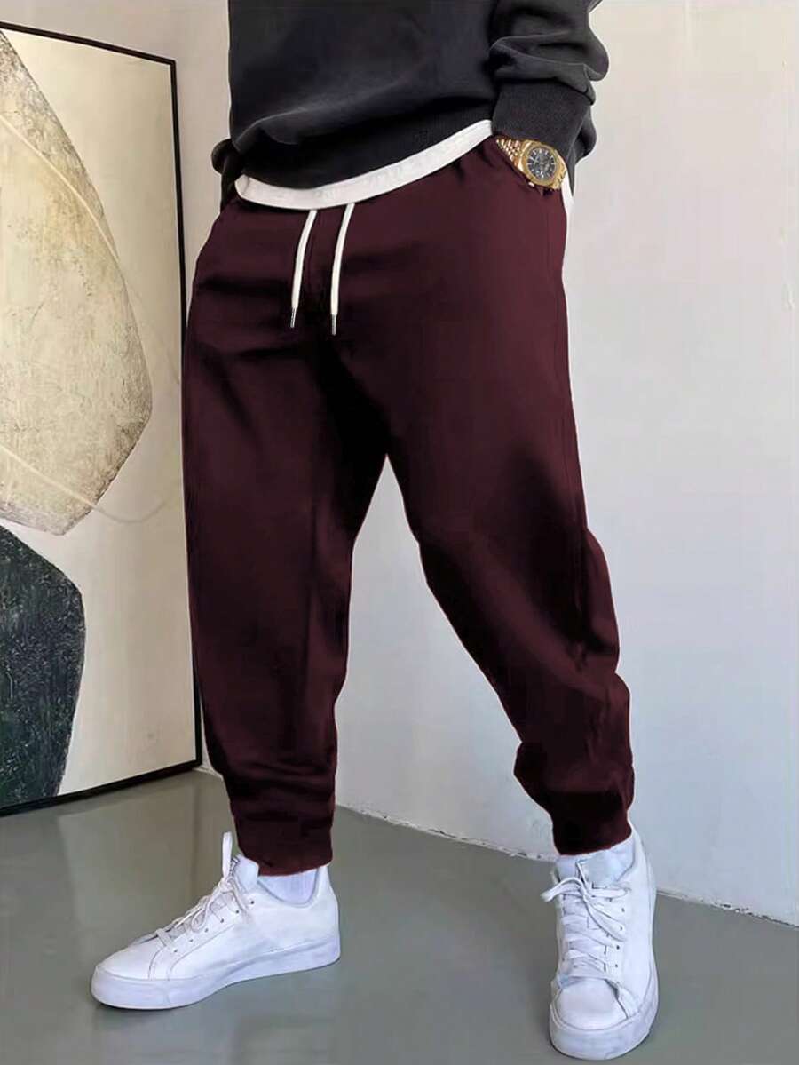 Manfinity Homme 男士休閒百搭純色慢跑束口運動長褲 - 酒紅色 - 查看 1
