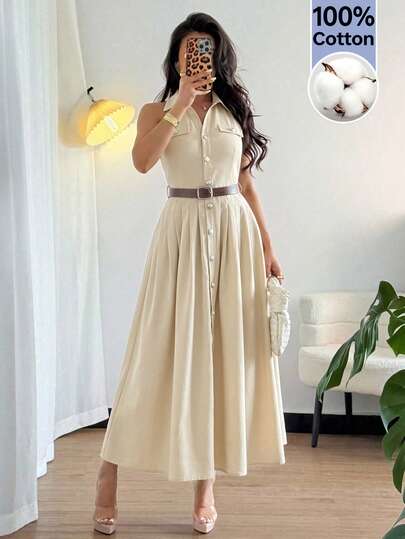 SHEIN Raffinéa Women's Cinched Waist Waist-Defining Slimming Half-Open V-Neck Sleeveless Slit Button-Down Shirt Dress In Pure Cotton