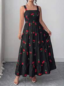 Elenzga Plus Size Women Cherry Print Ruffle Hem Cami Dress - Black - View 3