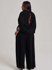 NYA SZN Plus Curve Matching Set Top Pant Draped Long Sleeve V Neck Wide Leg Casual Sexy Summer Elegant Luxury Black Outfits For Women Vacation Formal - Brown - View 7