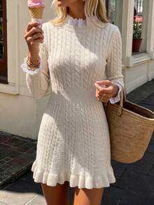 SHEIN PariChic Women's Autumn/Winter French Gentle Style Cable Knit Dress, Ruffle Hem, Cinched Cinched Waist, Patchwork, Stand Collar, Long Sleeve, Short Length - Beige - View 1