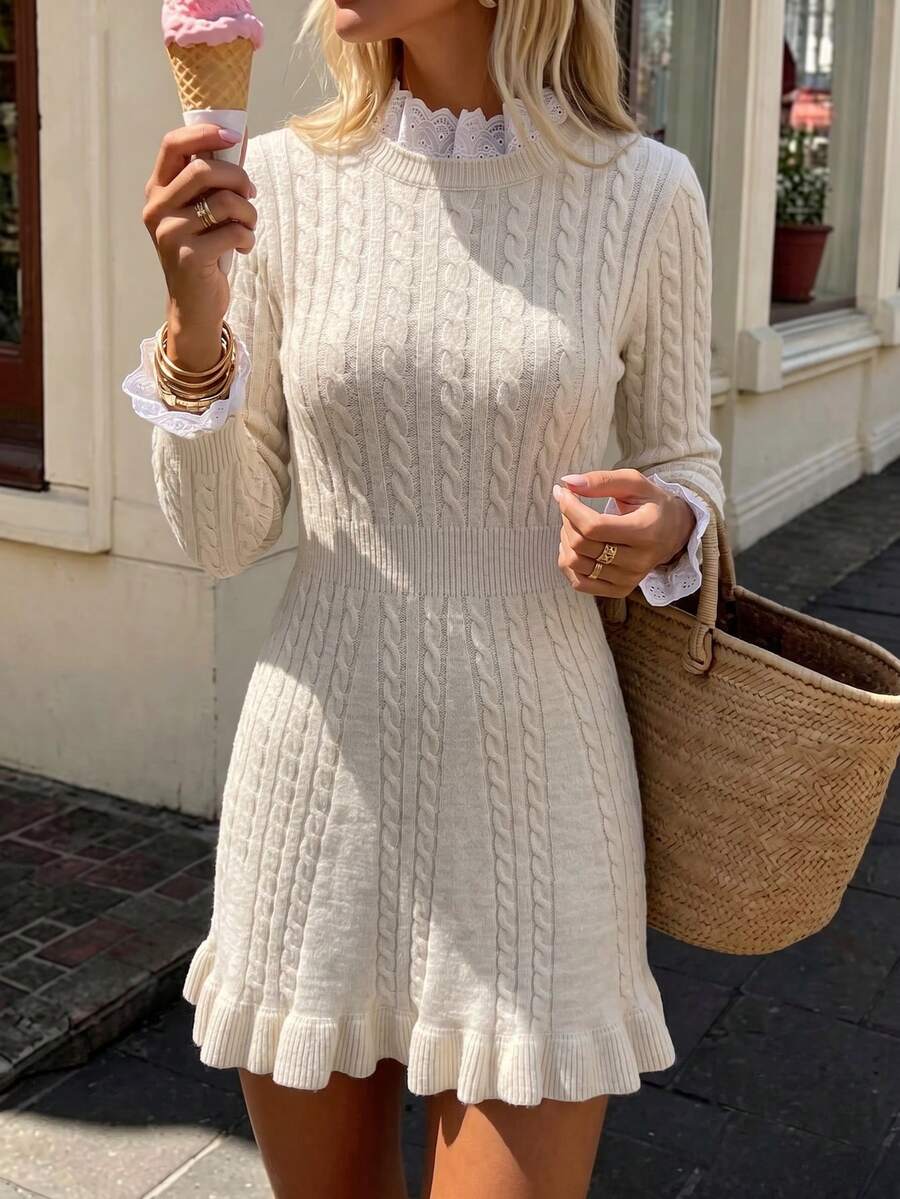 SHEIN PariChic Women's Autumn/Winter French Gentle Style Cable Knit Dress, Ruffle Hem, Cinched Cinched Waist, Patchwork, Stand Collar, Long Sleeve, Short Length - Beige - View 1