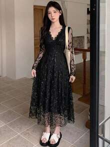 DAZY Frühling/Sommer glänzendes Strass Valentinstag Hochzeitsbankett Ball Party Abendkleid Mode Party figurbetont elegant Pendler Taillenschnürung Spitze mittellanges Kleid - Schwarz - View 8