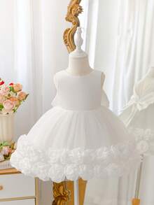 SHEIN Glamorique Kids 女嬰全白薄紗3D花朵洋裝 生日花童派對婚禮公主風 夏季穿搭 優雅可愛學院風 - 白色 - 查看 8