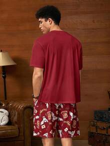 HARRY POTTER X SHEIN 男士字母印花短袖上衣與短褲家居服套裝 - 紅色 - 查看 2
